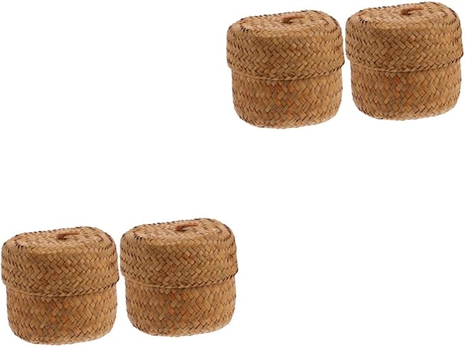 4pcs Hand Woven Seagrass Storage Baskets Lid Rustic Decorative Bins for Organizing Home Kitchen Party Supplies Lightweight Reusable Miniature Containers Yellow