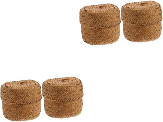 4pcs Hand Woven Seagrass Storage Baskets Lid Rustic Decorative Bins for Organizing Home Kitchen Party Supplies Lightweight Reusable Miniature Containers Yellow