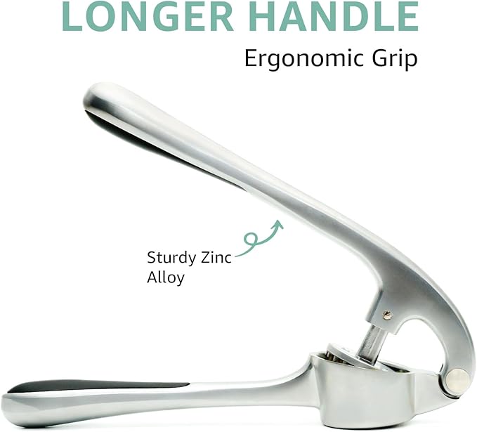 Garlic Press Crusher & Mincer – Easy Squeeze Ergonomic Handle, Heavy Duty Zinc Alloy, Dishwasher Safe, Includes Peeler & Cleaning Brush – Garlic Ginger Crusher Tool (Silver)