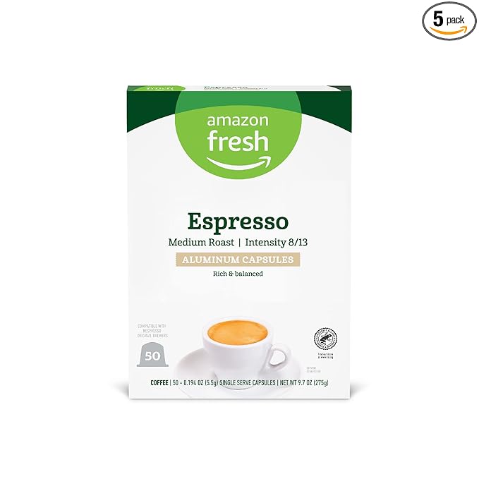 Amazon Fresh Espresso Medium Roast Aluminum Capsules, Compatible with Nespresso Original Brewers, Intensity 8/13, 50 Count (5 Packs of 10)