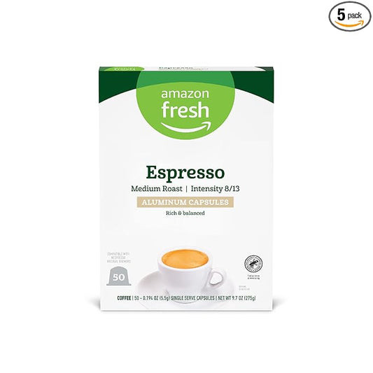 Amazon Fresh Espresso Medium Roast Aluminum Capsules, Compatible with Nespresso Original Brewers, Intensity 8/13, 50 Count (5 Packs of 10)