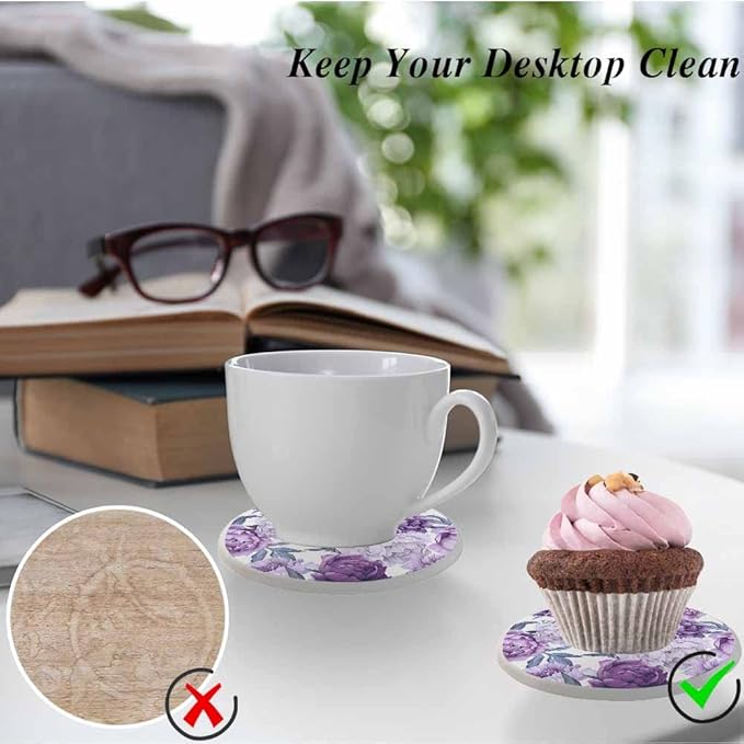 oFloral Purple Flower Coasters for Drinks Peonies Bloom Elegant Vintage Cups Place Mats for Home Decor Set of 2, 4 Inch