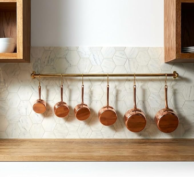 Solid Unlacquered Brass Pot Rail with S Hooks – Wall Mount Kitchen Pot Rack Rod – Vintage Heavy Duty Cookware Organizer for Pots, Pans & Hanging Utensils (40 inch (10 S-Hooks))