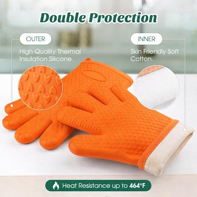 Cotton Lined Silicone Oven & BBQ Gloves, 450°F Heat Resistant Waterproof & Non-Slip Mitts for Baking, Cooking, Grill, Smoker & Fryer Use, Universal Size, 1 Pair (Black)