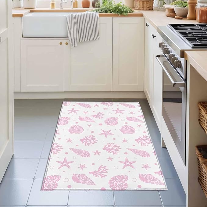 Area Rug 2x3ft, Pink Ocean Shell Conch Coral Starfish Washable Rugs for Living Room Bedroom, Summer Marine Theme Soft Non-Slip Area Rugs Rectangle Floor Carpet for Dining Room