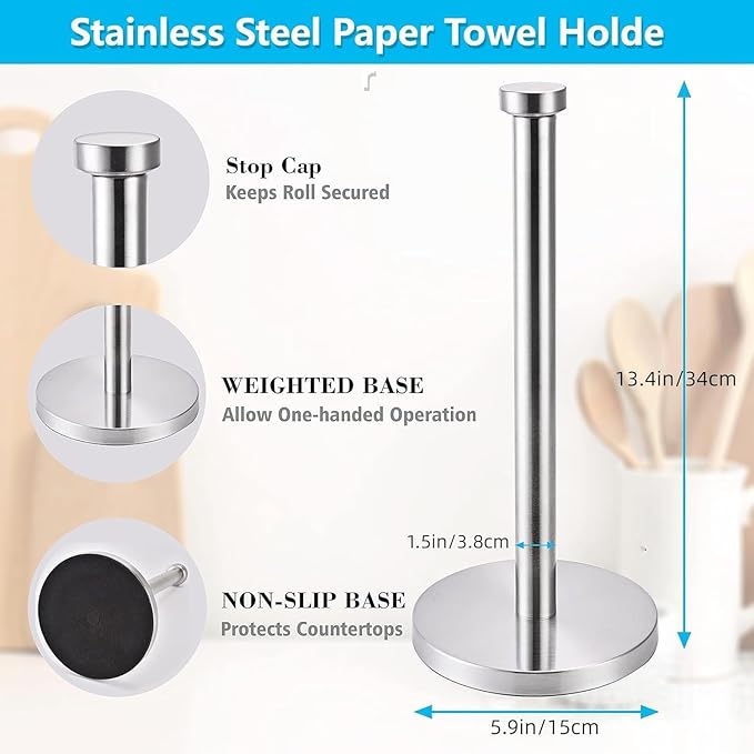 Paper Towel Holder, NSCMQSL Brushed Silver Kitchen Towel Holder, Steady Countertop Paper Towel Holder with Weighted Base for Kitchen Roll Holder(Silver)