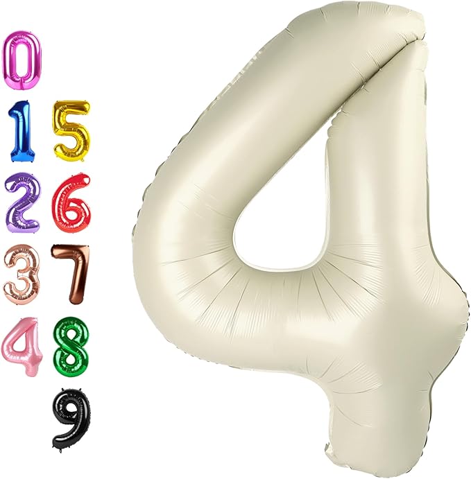 Cream 4 Balloon Number for 4th Birthday Decorations, 40 Inch Big Number Balloons for 4 14 40 Anniversaries Celebration Graduation Wedding