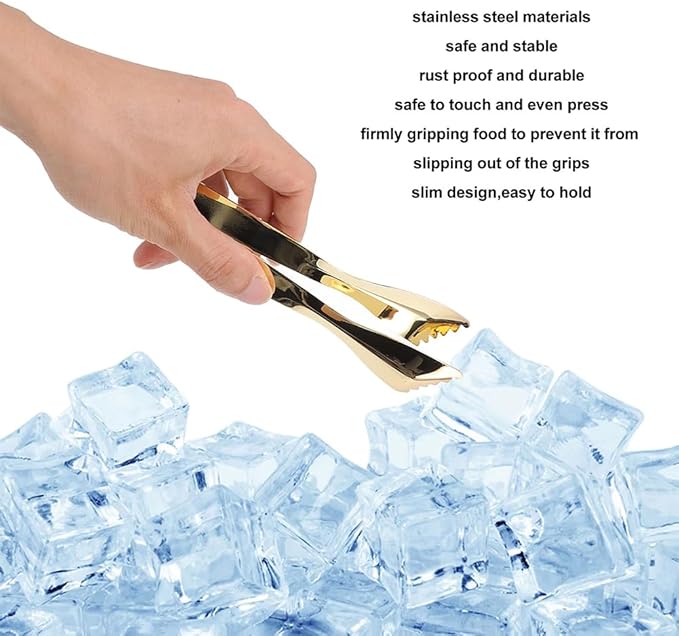 Ice Tongs Food Grade Thicken Stainless Steel Bar Tongs Ice Cube Prevents Slipping Sugar Food Tweezers for Home Kitchen Mirror Party Coffee Bar (Gold Plated)