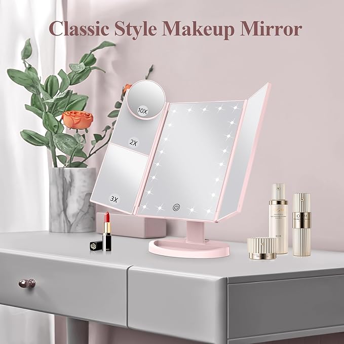 HUONUL Makeup Mirror, Vanity Mirror with Lights, 2X/3X/10X Magnification, Touch Control, Trifold Mirror, Dual Power Supply, Mothers Day for Mom Gifts,Gifts for Women, Wife, Mom, Teengirls