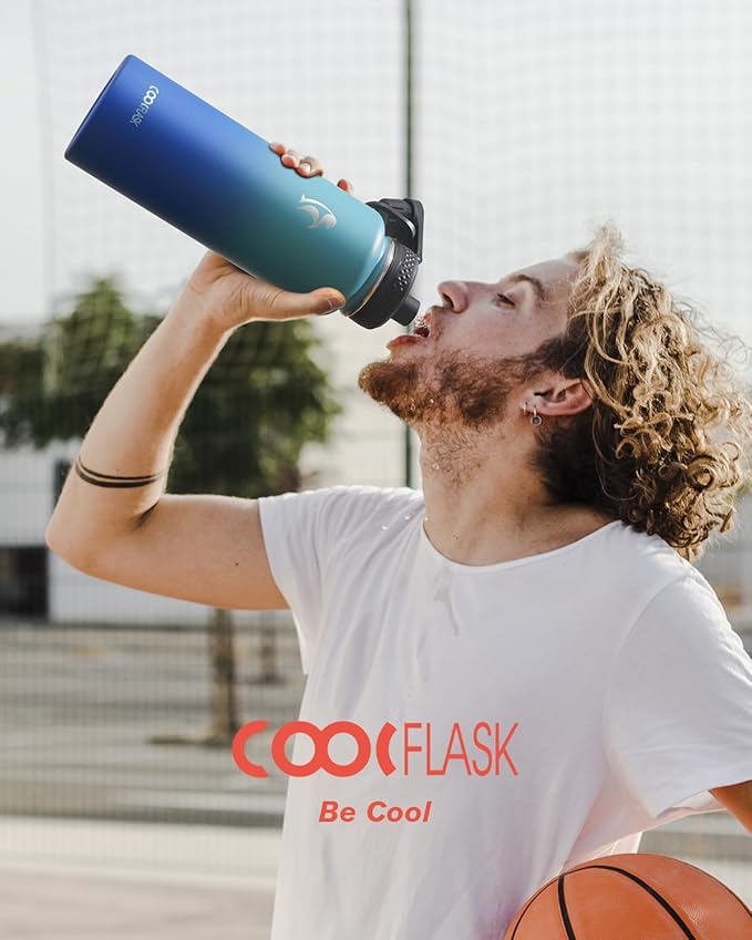 Coolflask Water Bottle 40 oz Insulated with Straw, Stainless Steel Metal 3 Lids Water Flask for Sports or Office, Keep Cold 48H Hot 24H, Indigo Blue