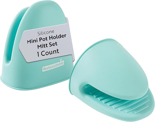 Comfy Grip 4.3 x 3.5 x 4.2 Inch Mini Oven Mitt Pot Holders, 1 Food-Grade Finger Mitt Set - 2-Piece Set, Oven-Ready Up To 446F, Turquoise Silicone Mitts, Ribbed Texture, Dishwashable - Restaurantware