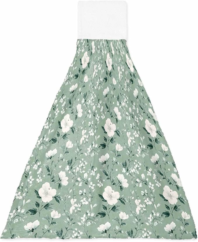 Alandar Home Kitchen Tie Towel Set of 1, Watercolor White Camellia Absorbent Soft Hand Towels for Bathroom Hanging Towels, Floral on Green Background Fast Drying Cleaning Cloth with Loop