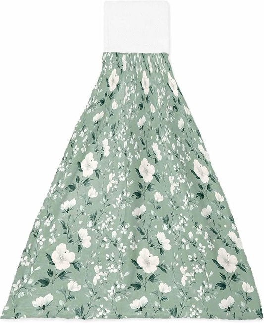 Alandar Home Kitchen Tie Towel Set of 1, Watercolor White Camellia Absorbent Soft Hand Towels for Bathroom Hanging Towels, Floral on Green Background Fast Drying Cleaning Cloth with Loop