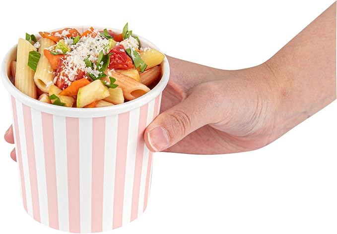 Restaurantware Bio Tek 12 Ounce Soup Containers 200 Durable Soup Bowls - Disposable Sustainable Pink And White Paper Soup Cups Striped Round For Hot Or Cold Foods