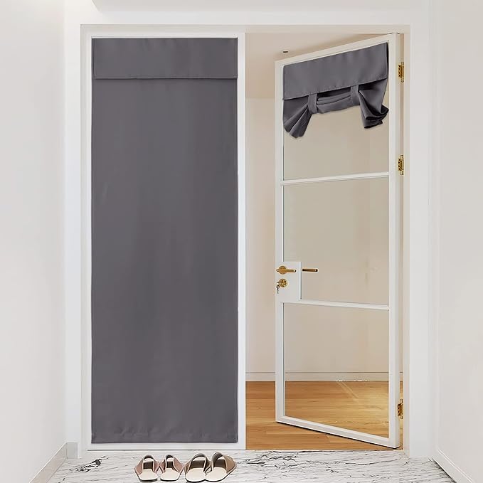 NICETOWN Blackout Door Curtains 80 inches Length, Solid French Front Door CurtainThermal Insulated Room Darkening Tie Up Shade Doorway Drape for Closet Bathroom, 42 inches Wide, 1 PC, Grey