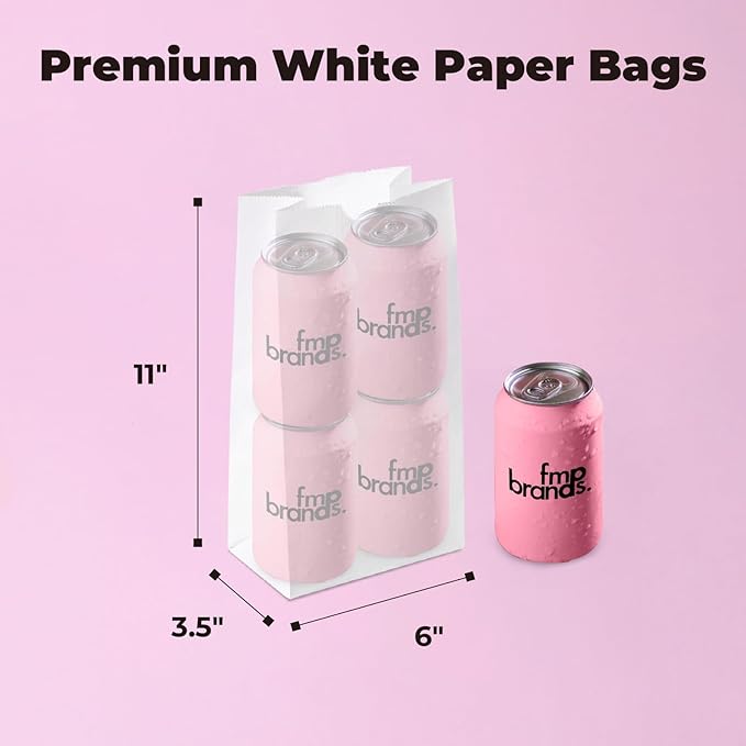 Fit Meal Prep 200 Pack 6 lb White Paper Lunch Bags, 11 x 6 x 3.5" Premium White Paper Bags Bulk for Small Business, Recyclable Snack Sacks, Durable Grocery Bag for Food Storage, Packing