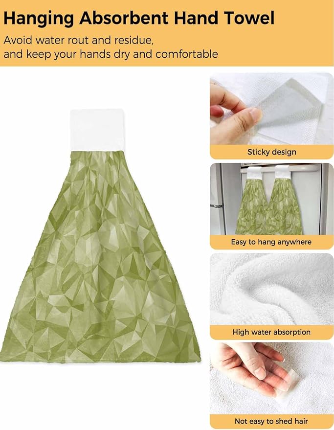 Alandar Home Kitchen Tie Towel Set of 2, Sage Green Geometric Art Absorbent Soft Hand Towels for Bathroom Hanging Towels, Abstract Modern Patterns Fast Drying Cleaning Cloth with Loop