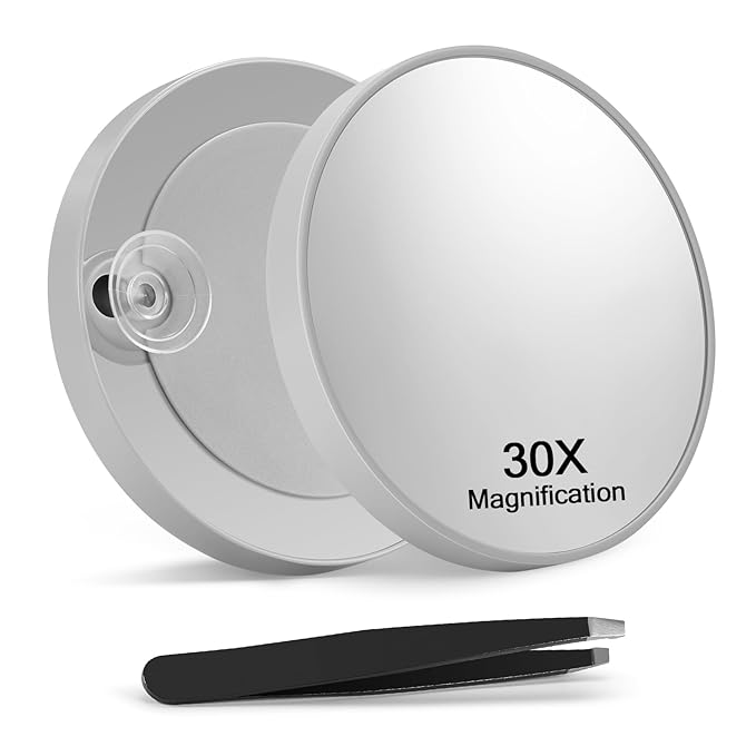 Macaki 30X Magnifying Mirror with 2 Suction Cups, 3.5 inches Magnified Makeup Mirror and Slant Tweezers,Grey,1PC