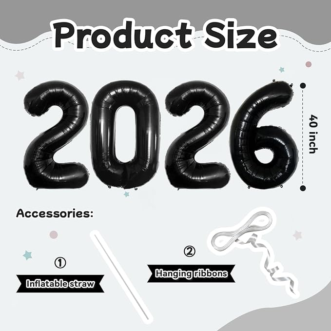 Black 2026 Balloons, Jumbo 40 Inch Foil 2026 Number Balloons, Grad Balloons for Class of 2026 Graduation Party, Black Matellic Foil New Year Birthday Home Office Party Supplies