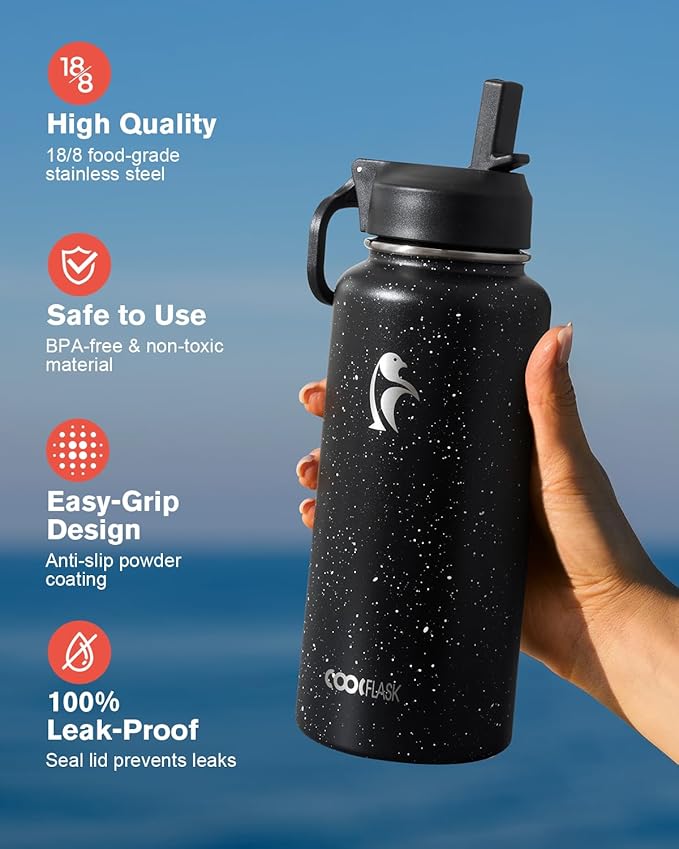 Coolflask Water Bottle 32 oz Insulated with Straw, Stainless Steel Metal 3 Lids Water Flask Wide Mouth for Sports or Office, Non-BPA Keep Cold Up to 48 Hrs or Hot Up to 24 Hrs, Starry Night