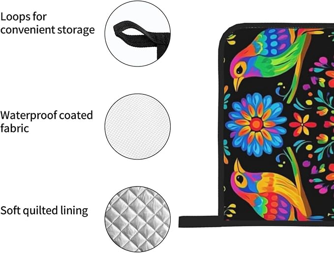 4 Pcs Mexican Flower Oven Mitts and Potholders,Kitchen Oven Glove with Pot Holders,Non-Slip Gloves High Heat Resistant 500 Degree for BBQ, Grill, Baking, Cooking, Oven, Microwave