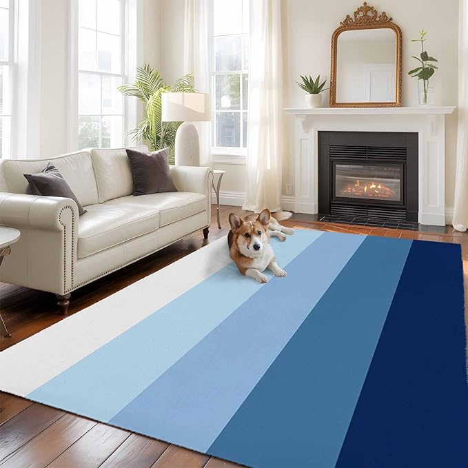 Area Rug 6x9ft, Minimalist Blue White Ombre Stripe Washable Rugs for Living Room Bedroom, Modern Gradient Art Soft Non-Slip Area Rugs Rectangle Floor Carpet for Dining Room