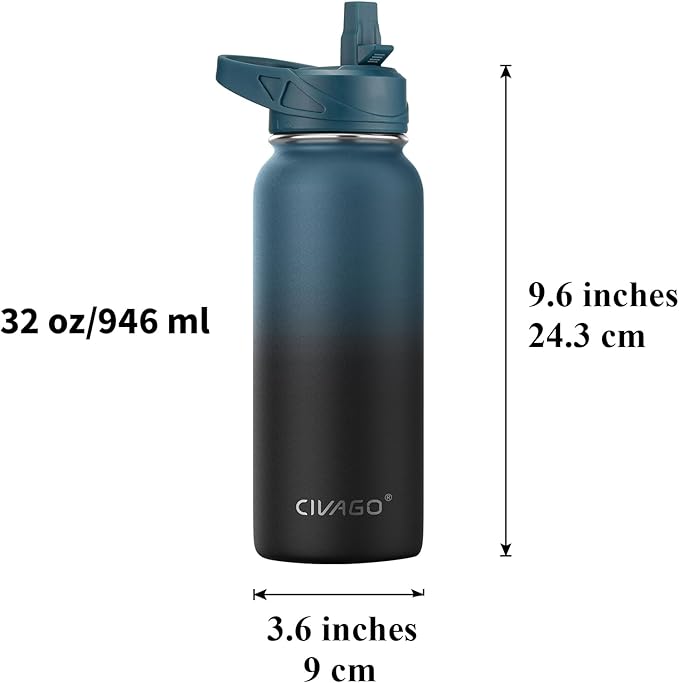 CIVAGO 32 oz Insulated Water Bottle With Straw, Stainless Steel Sports Water Flask Cup with 3 Lids (Straw, Portable Spout and Handle Lid), Double Walled Travel Thermal Canteen Mug, Cream