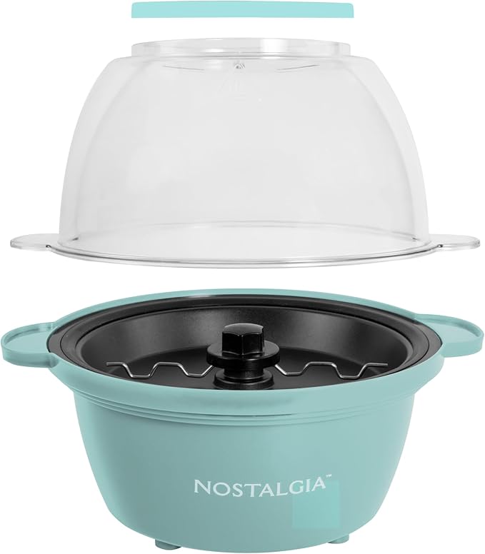 Nostalgia Electric Stirring Popcorn Maker – 2 Qt Capacity – Large Dual-Purpose Lid & Serving Bowl – Great for Gifts, Movie Nights, & Snacks – Aqua