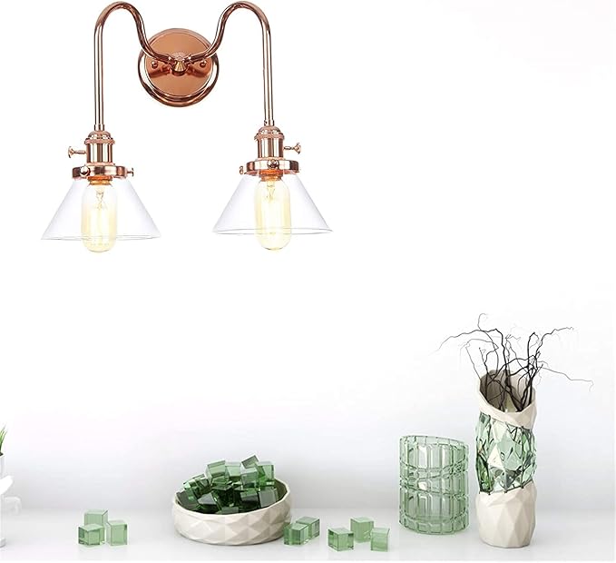Wall Lamps with Switch, 2-Lights Rose Gold Bathroom Vanity Lights Wall Mounted Lighting Clear Glass Lampshade Wall Sconces(Color:C)