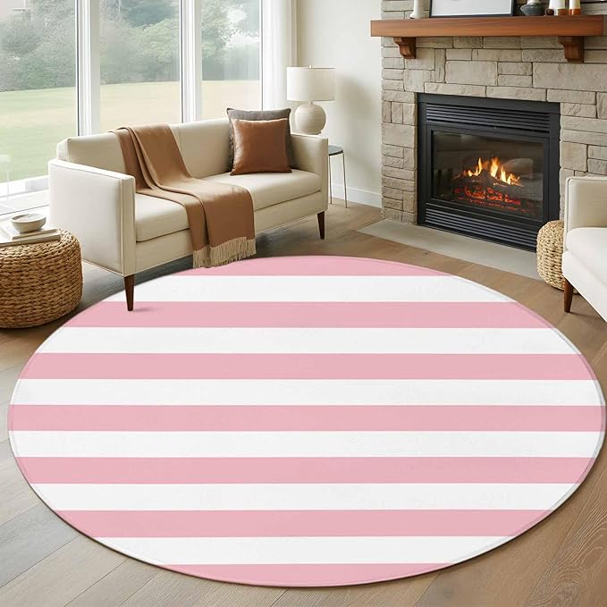 Washable Round Area Rug Pink White Stripe Circle Rugs Floor Carpet for Living Room Bedroom, Classic Geometric Line Soft Non Slip Round Rug 5ft