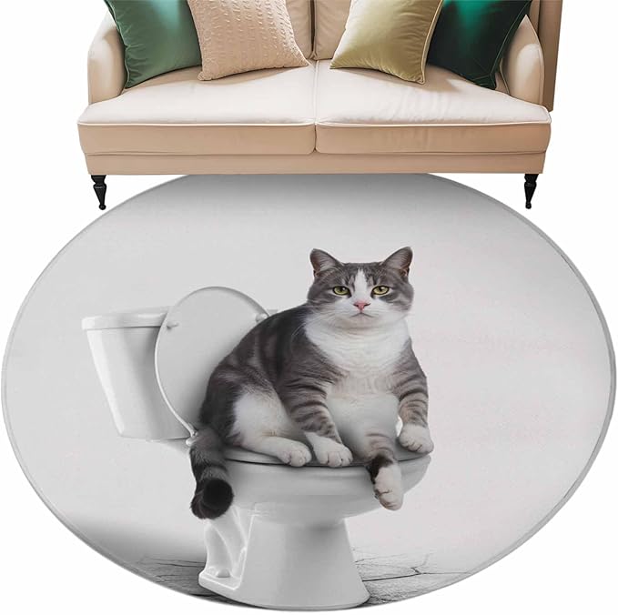 Washable Round Area Rug Cute Funny Cat on The Toilet Circle Rugs Floor Carpet for Living Room Bedroom, Animal Grey Art Soft Non Slip Round Rug 5ft
