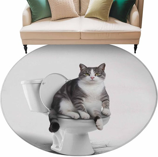 Washable Round Area Rug Cute Funny Cat on The Toilet Circle Rugs Floor Carpet for Living Room Bedroom, Animal Grey Art Soft Non Slip Round Rug 5ft