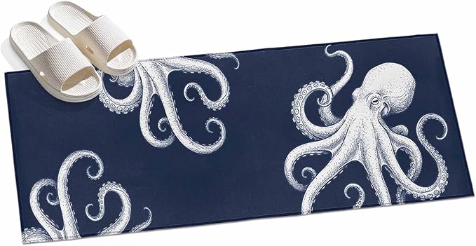 Runner Rug for Bedroom Hallway, Underwater Ocean Giant Octopus Kitchen Runner Rugs Area Rug 2x6ft, Navy Blue White Marine Life Washable Soft Floor Carpet for Entryway Stair