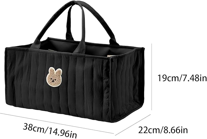 Quilted Fabric Storage Basket Floral Baby Diaper Caddy Quilted Basket for Nursery Bedroom Car Storage (L- Black Bear)
