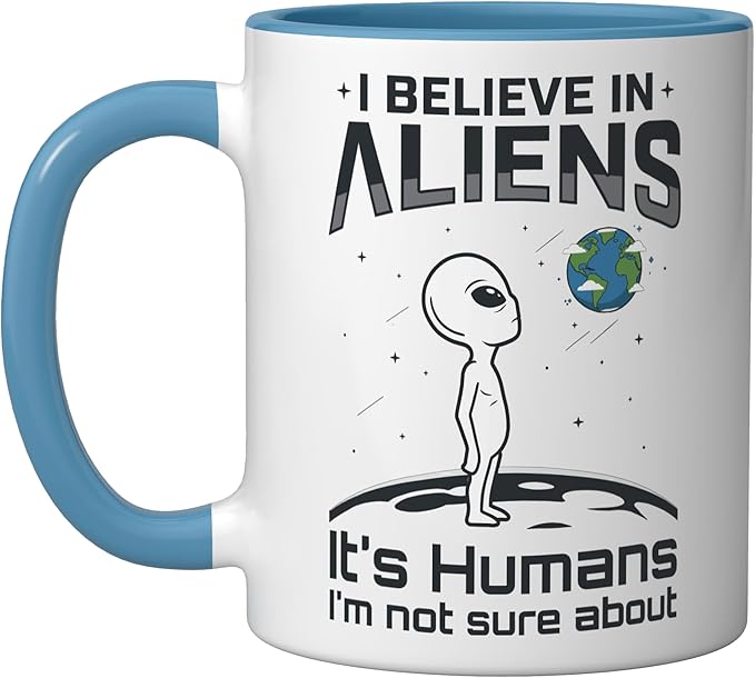 Alien Believer UFO Extraterrestrial Space Lover Ceramic Mug, Blue/White