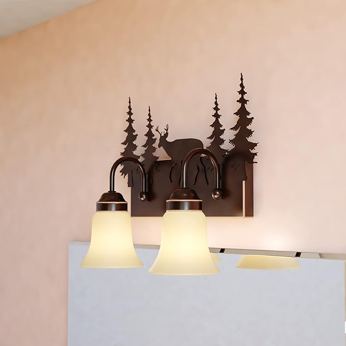 VAXCEL Bryce 2-Light 16.75 inch Wide Burnished Bronze Rustic Cabine Bathroom Vanity Lighting Fixture, Amber Flake Glass Shade, Deer and Trees, Dimmable, LED Compatible, Over the Mirror Wall Mounted