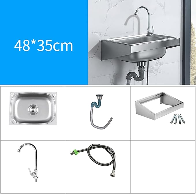 Wall Mounted Commercial Restaurant Sink, Utility Laundry Portable Handwashing Station, Stainless Steel Space Saver Hand Wash Sink with Faucet and Drain, Suitable for,48x35cm-Single cold water f