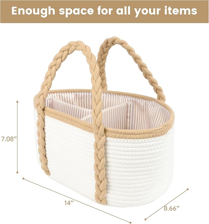 Baby Diaper Caddy, Portable Diaper Organizer for Changing Table, Car Travel Baby Shower Gifts Newborn Essentials, Cotton Rope Nursery Storage Basket for Boys Girls (White＆Khaki)