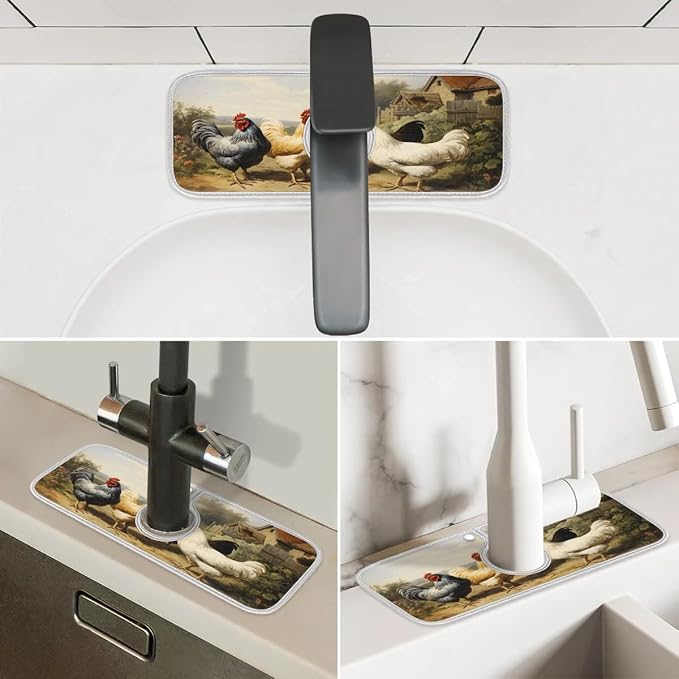 Courtyard Animal Rooster Kitchen Sink Splash Guard Absorbent Fast Drying Mat Sink Gadgets Washable Sink Matt for Kitchen Faucet Splash Guard