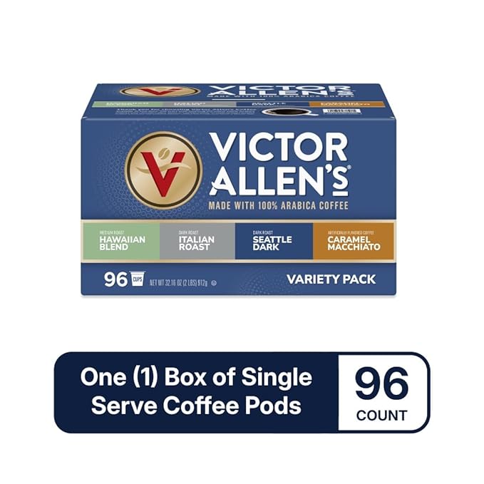Victor Allen's Coffee Variety Pack (Hawaiian Blend, Italian Roast, Seattle Dark, Caramel Macchiato), 96 Count, Single Serve Coffee Pods for Keurig K-Cup Brewers