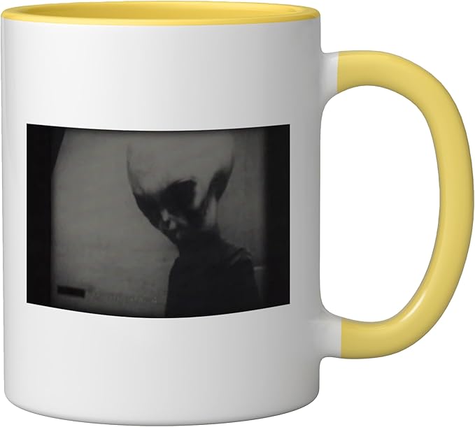 Skinny Bob Alien 1961 KGB Video Real Alien Grey Ceramic Mug, Yellow/White