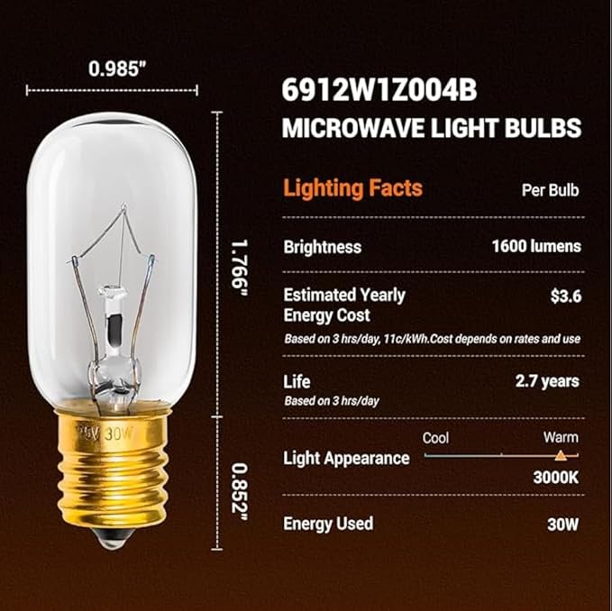 Belleone Light Bulb Fits for LG Microwave Oven - Compatible with LG Frigidaire Ken-More Whirlpool GE Over the Range Microwave, Dimmable 125V 30W E17 Base, Kitchen Night Light, Replaces 6912W1Z004B