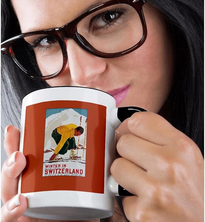 3dRose Winter in Switzerland Man Putting on his Skis Luggage Label 11oz Two-Tone Black Mug