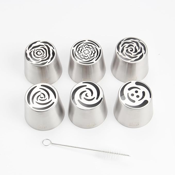 Extra Large Russian Piping Tip Set - 6 Stainless Steel Marshmallow Buttercream Framing Nozzles for 3D Roses Tulip Cake Decorations and Marshmallow Bouquets, Includes 1 Cleaning Brush(6C)