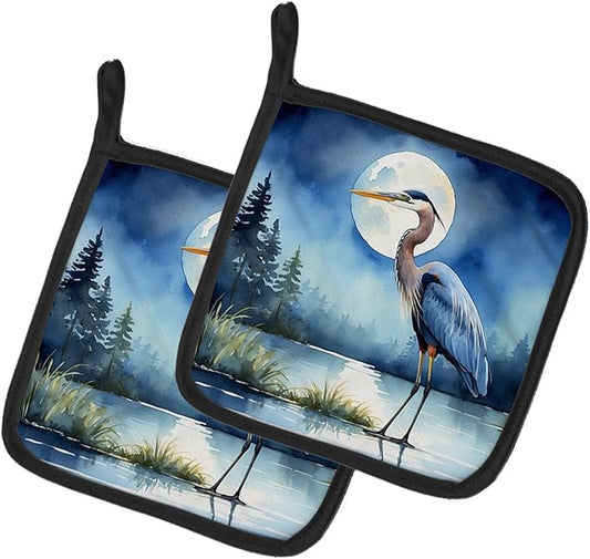 Caroline's Treasures Blue Heron Under The Moonlight Pair of Pot Holders Kitchen Heat Resistant Pot Holders Sets Oven Hot Pads for Cooking Baking BBQ, 7 1/2 x 7 1/2