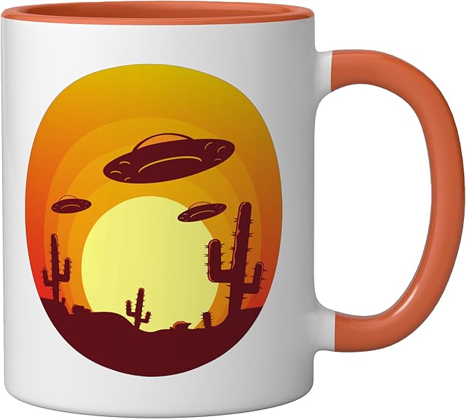 UFO Alien Abduction Conspiracy Vintage Nevada Desert Sunset Ceramic Mug, Orange/White