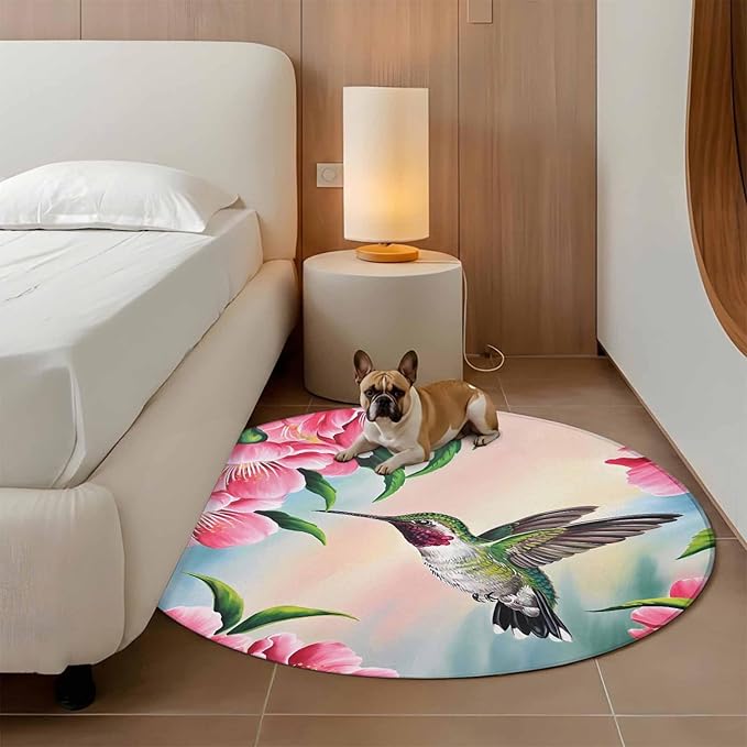 Washable Round Area Rug Hummingbird Flower Peach Blossom Circle Rugs Floor Carpet for Living Room Bedroom, Nature Oil Painting Art Soft Non Slip Round Rug 3ft