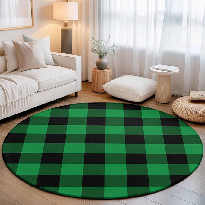 Washable Round Area Rug St. Patrick's Day Lucky Green Black Plaid Circle Rugs Floor Carpet for Living Room Bedroom, Buffalo Lattice Soft Non Slip Round Rug 3ft
