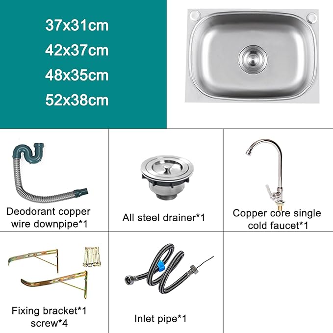 Commercial Sink Hand Washing Basin, Wall-Mounted Kitchen Stainless Steel Sink, Single Bowl Stainless Steel Sink, with Drainer Unit And Tap, for Bar Cafe Restaurant K,37x31cm-Single cold water f