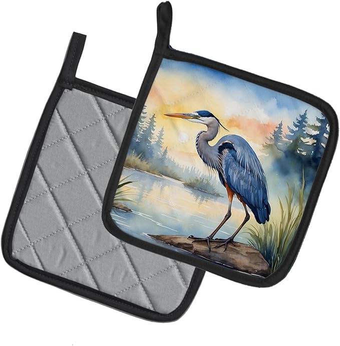 Caroline's Treasures Blue Heron Emerging as The Day Fades Pair of Pot Holders Kitchen Heat Resistant Pot Holders Sets Oven Hot Pads for Cooking Baking BBQ, 7 1/2 x 7 1/2